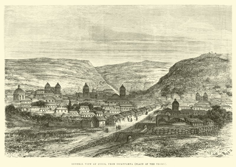 Vista geral de Cuzco, de Iscaypampa, Planície do Espinho de Edouard Riou