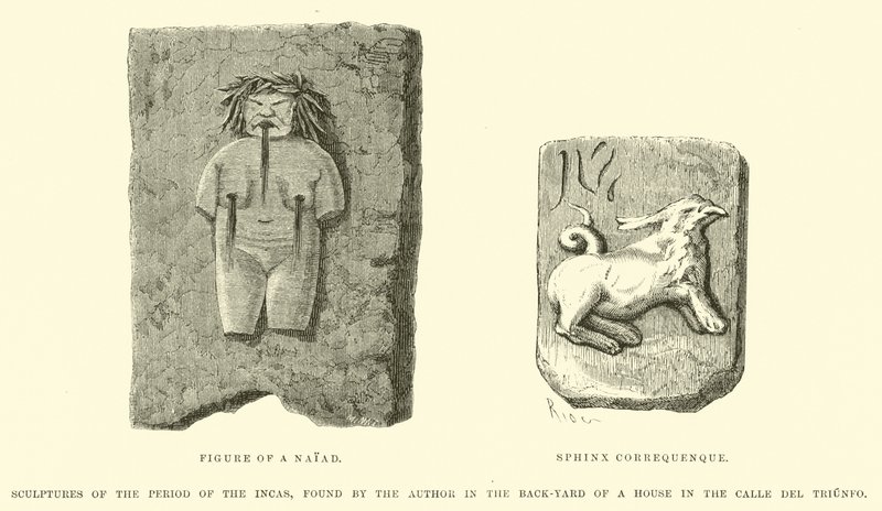Esculturas do Período dos Incas, encontradas pelo autor no quintal de uma casa na Calle del Triunfo de Edouard Riou