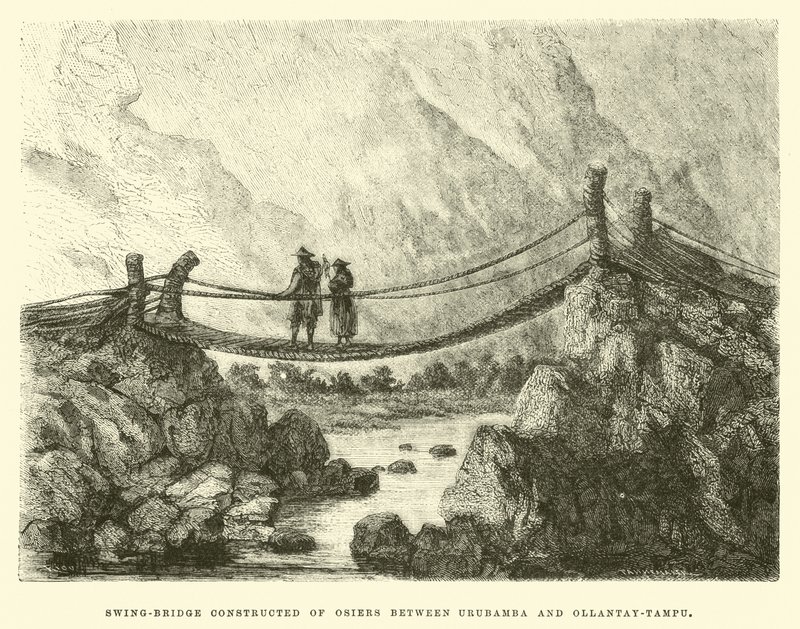 Ponte de balanço construída de Osiers entre Urubamba e Ollantay-Tampu de Edouard Riou