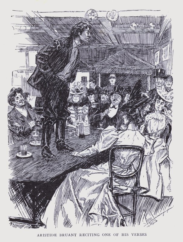 Paris boémia: Aristide Bruant a recitar um dos seus versos (litografia) de Edouard Alfred (1875 1954) Cucuel