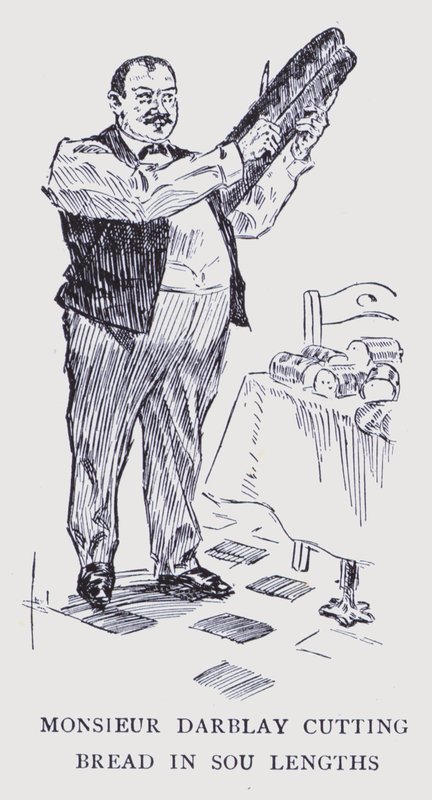 Paris boémia: Monsieur Darblay a cortar o pão em pedaços (litografia) de Edouard Alfred (1875 1954) Cucuel