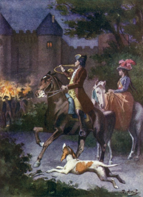 Num piscar de olhos, todos os Mauprats estavam na ponte levadiça. Ilustração para Mauprat por George Sand de Edouard Henri Avril