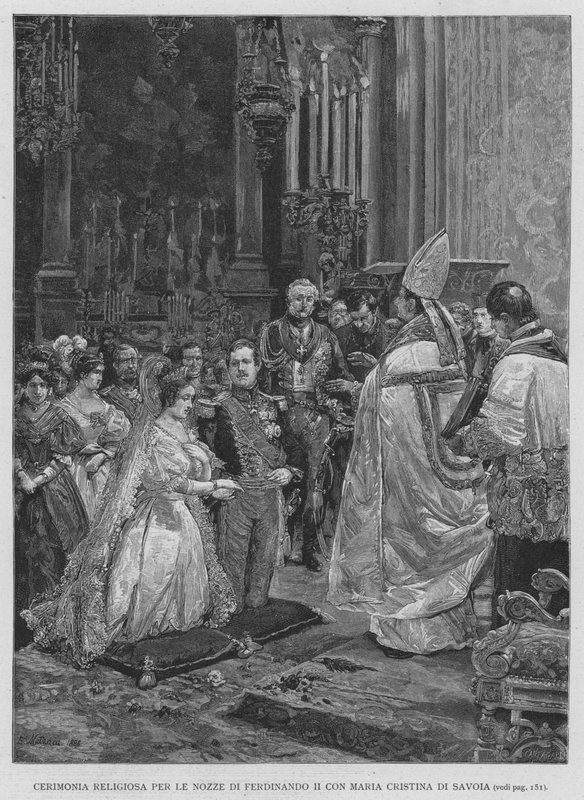 Cerimônia religiosa para o casamento de Fernando II com Maria Christina de Sabóia (gravura) de Edouardo Matania
