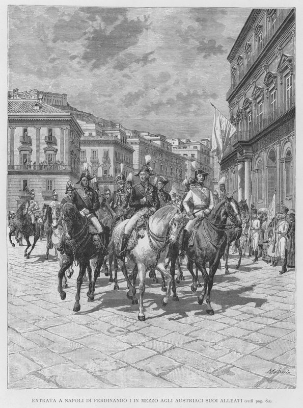 Entrada a Nápoles de Fernando I no meio dos austríacos seus aliados (gravura) de Edouardo Matania