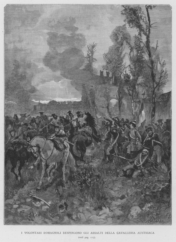 Voluntários Romagnoli Repelem Agressões da Cavalaria Austríaca (gravura) de Edouardo Matania