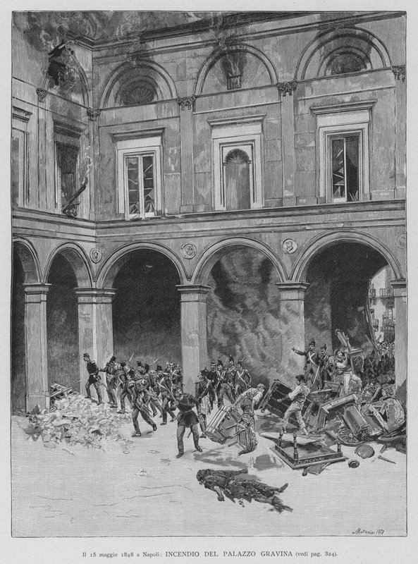 Em 15 de maio de 1848, em Nápoles, Fogo do Palácio Gravina (gravura) de Edouardo Matania