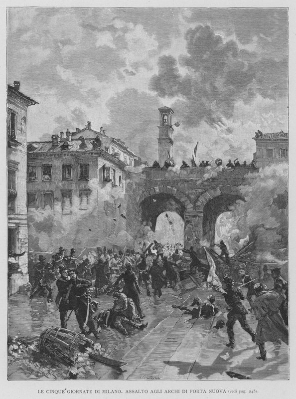 Os Cinco Dias de Milão, Assalto aos Arcos de Porta Nuova (gravura) de Edouardo Matania