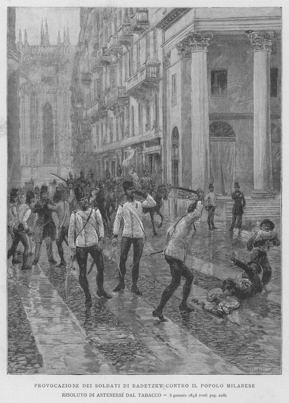 Provocação dos Soldados de Radetzky contra o povo milanês decidido a se abster do tabaco, 3 de janeiro de 1848 (gravação) de Edouardo Matania