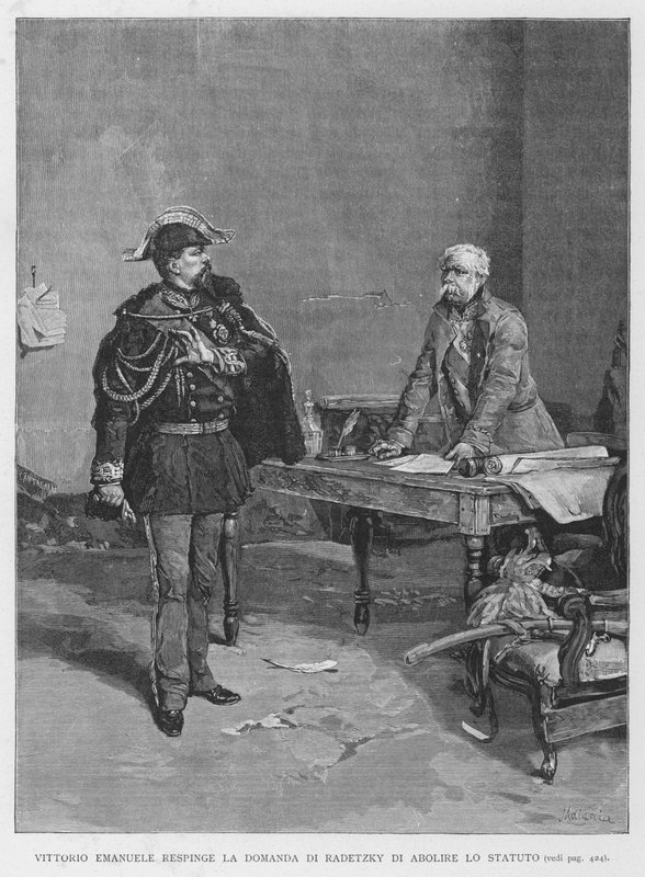 Vittorio Emanuele rejeita a exigência de Radetzky de abolir o Estatuto (gravura) de Edouardo Matania