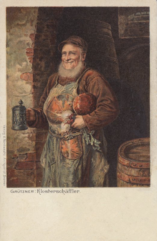 Der Klosterschaeefler: monge carregando uma caneca de cerveja e seu almoço (chromolitho) de Eduard von (after) Grutzner