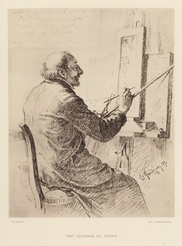 Retrato de Carl Spitzweg, pintor romântico alemão (litografia) de Eduard von (after) Grutzner