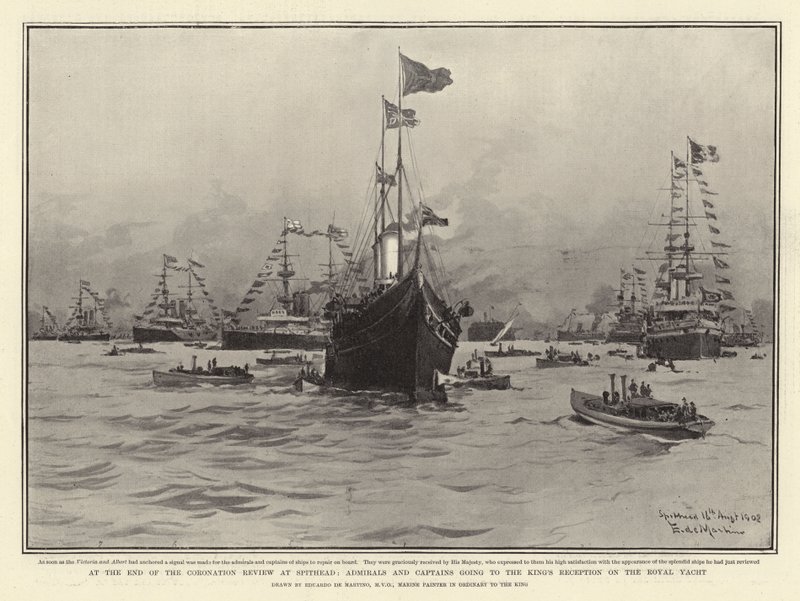 No final da revisão de coroação no Spithead, almirantes e capitães indo para a recepção do rei no Royal Yacht de Eduardo de Martino