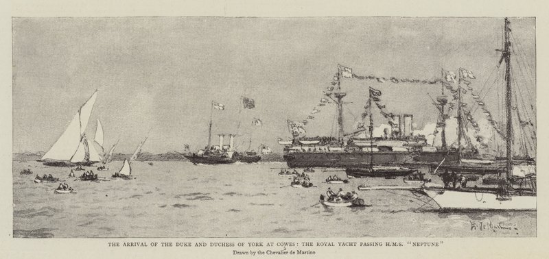 A chegada do Duque e da Duquesa de York em Cowes, o Royal Yacht passando pelo HMS Neptune de Eduardo de Martino