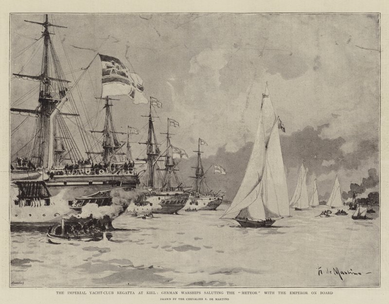 Regatta Imperial de Yacht Club em Kiel, navios de guerra alemães saudando o Meteor com o Imperador a bordo de Eduardo de Martino
