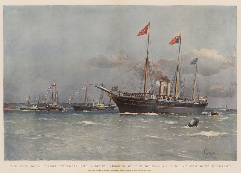 O iate real novo Victoria e Albert, lançado pela duquesa de York em Pembroke Dockyard (chromolitho) de Eduardo de Martino