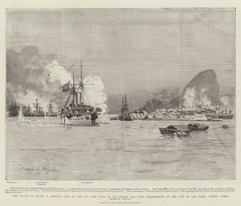 A Revolta no Brasil, uma Visão Geral da Baía e da Cidade do Rio durante o Primeiro Bombardeio da Cidade pelas Forças Rebeldes sob o Almirante Mello de Eduardo de Martino