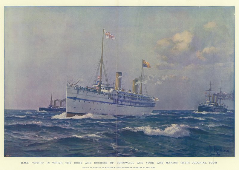 HMS Ophir, em que o duque e a duquesa de Cornwall e York estão fazendo sua turnê colonial de Eduardo de Martino
