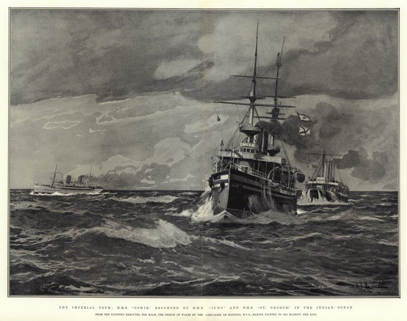 The Imperial Tour, HMS Ophir, escoltado por HMS Juno e HMS St George, no Oceano Índico de Eduardo de Martino
