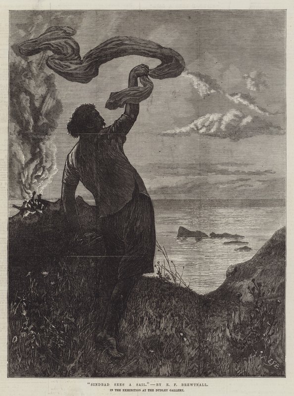 Sindbad vê uma vela, na exposição na Galeria Dudley de Edward Frederick Brewtnall