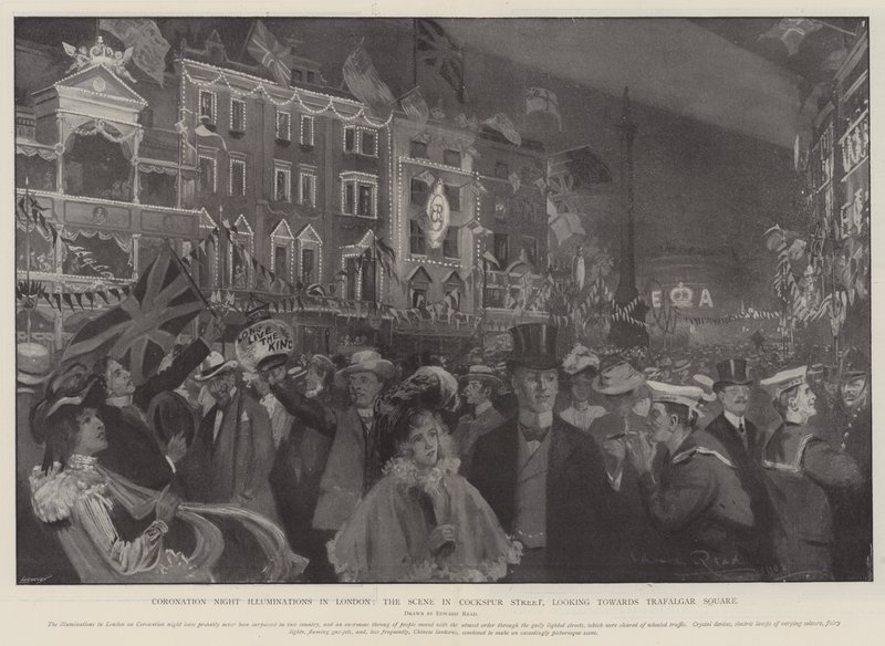 Iluminações de noite de coroação em Londres, a cena na rua Cockspur, olhando para a Trafalgar Square de Edward Read