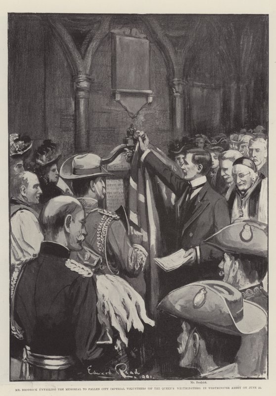 O Sr. Brodrick desvelando o Memorial aos Voluntários Imperiais da Cidade Caída (dos Westminsters da Rainha) na Abadia de Westminster em 22 de junho de Edward Read