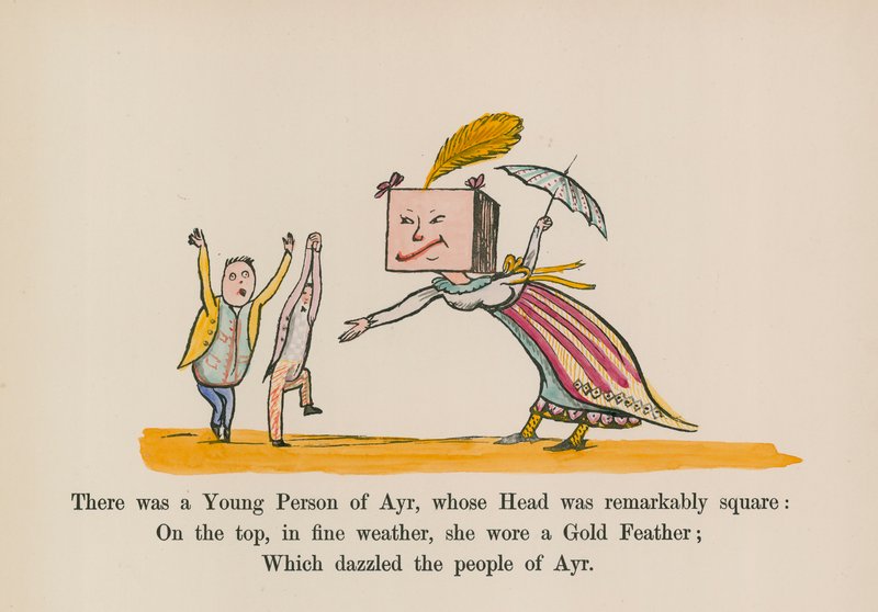Havia um jovem de Ayr, cuja cabeça era extraordinariamente quadrada (gravura a cores) de Edward (after) Lear