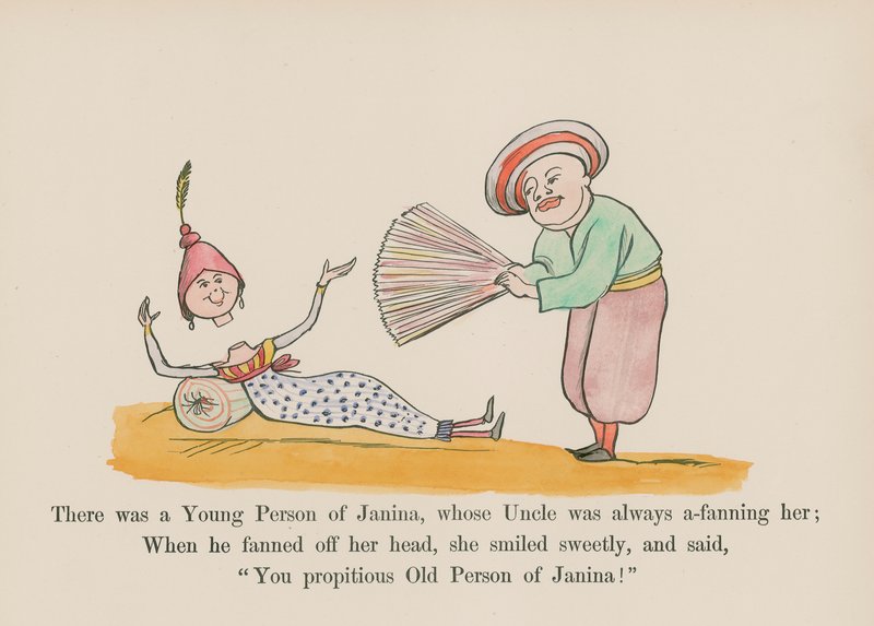 Havia uma jovem de Janina, cujo tio estava sempre a abaná-la (gravura a cores) de Edward (after) Lear