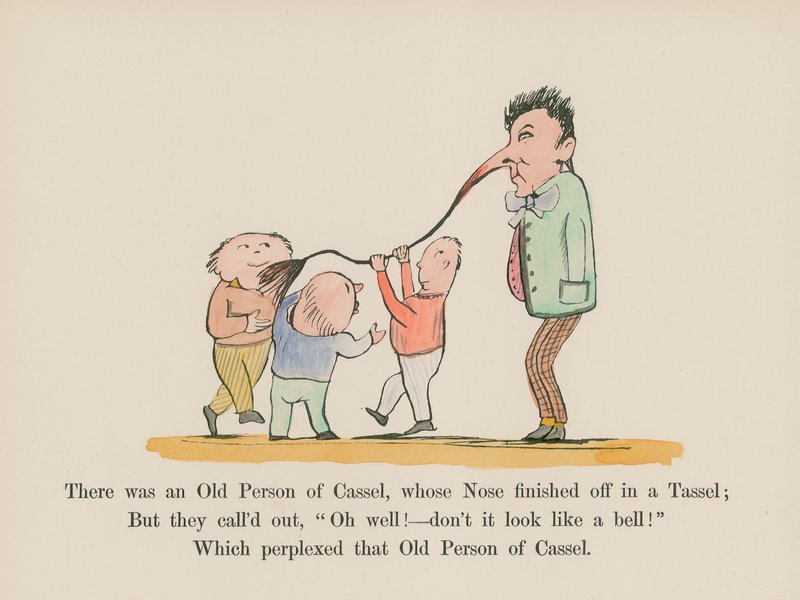Havia um velho de Cassel, cujo nariz terminava numa borla (gravura colorida) de Edward (after) Lear