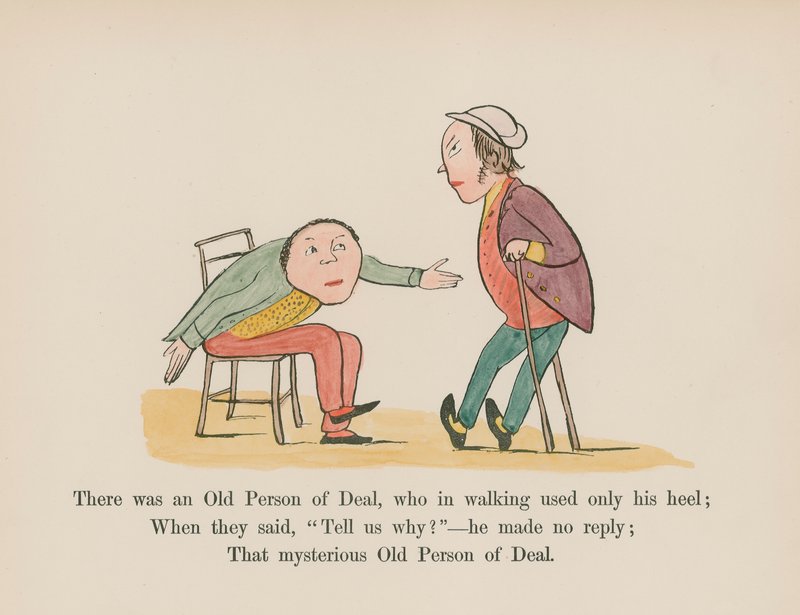 Havia um velho de Deal que, ao andar, usava apenas o calcanhar (gravura colorida) de Edward (after) Lear
