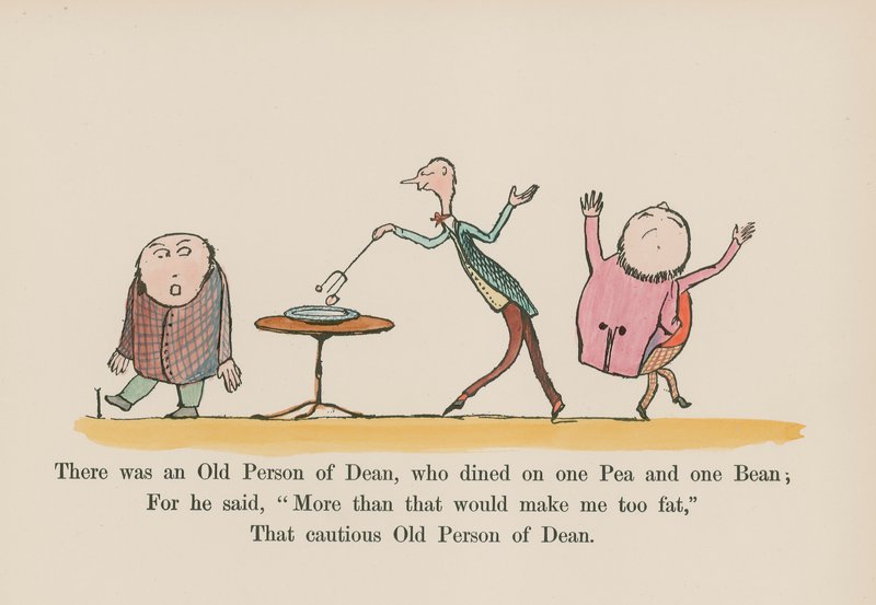 Havia um velho de Dean, que jantava uma ervilha e um feijão (gravura colorida) de Edward (after) Lear