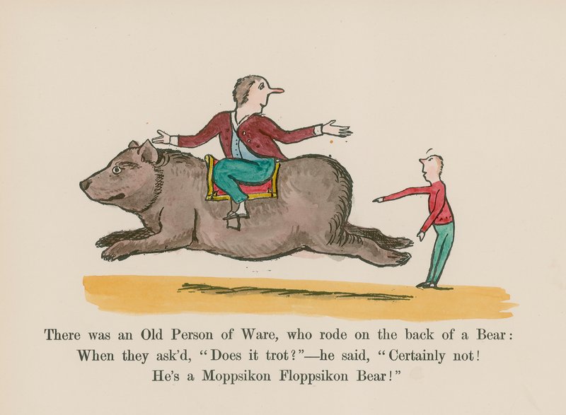Havia um velho de Ware que cavalgava nas costas de um urso (gravura colorida) de Edward (after) Lear