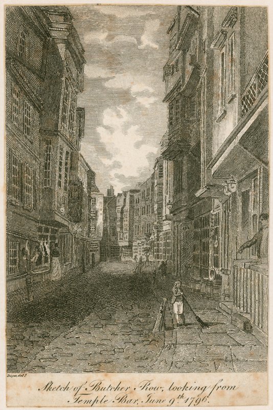 Esboço de Butcher Row, olhando de Temple Bar, 9 de junho de 1796 de Edward Dayes