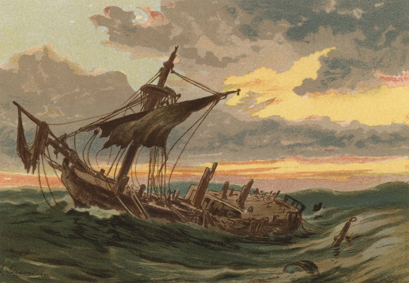 Pôr do sol no mar, o navio abandonado de Edward Duncan