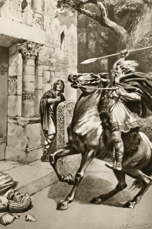 O sumo sacerdote Coifi sobe a Goodmanham Lane para esmagar os ídolos, ilustração de "Little Treasure Island" de Arthur Mee
