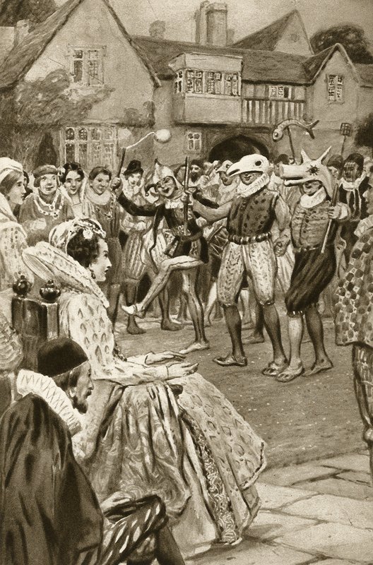 A rainha Ellizabeth I a ser entretida por bobos da corte (litografia) de Edward Frederick Skinner