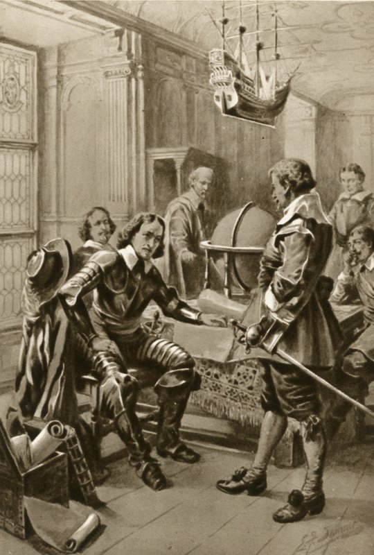 Robert Blake interpela Oliver Cromwell na Sala do Conselho em Whitehall (litografia) de Edward Frederick Skinner