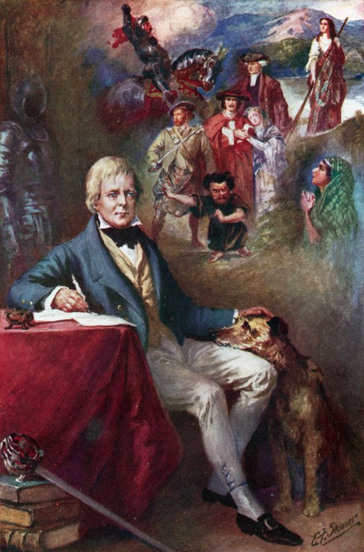 Sir Walter Scott e algumas das suas criações mais famosas (litografia a cores) de Edward Frederick Skinner