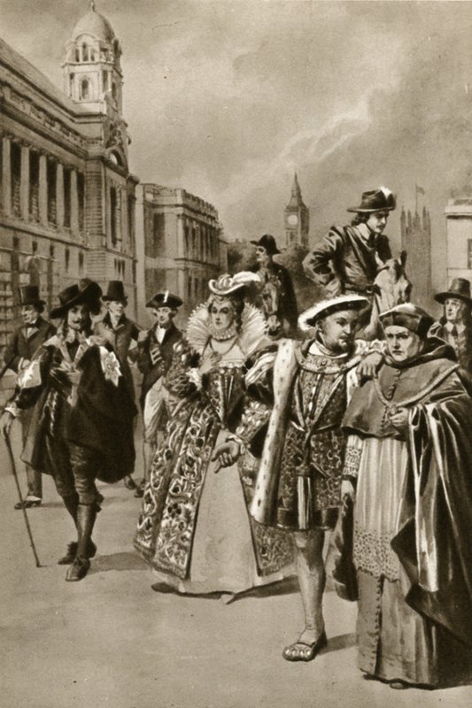 Ruas de Londres: Rei Carlos I, Rainha Isabel I, Rei Henrique VIII, Cardeal Wolsey (litografia) de Edward Frederick Skinner