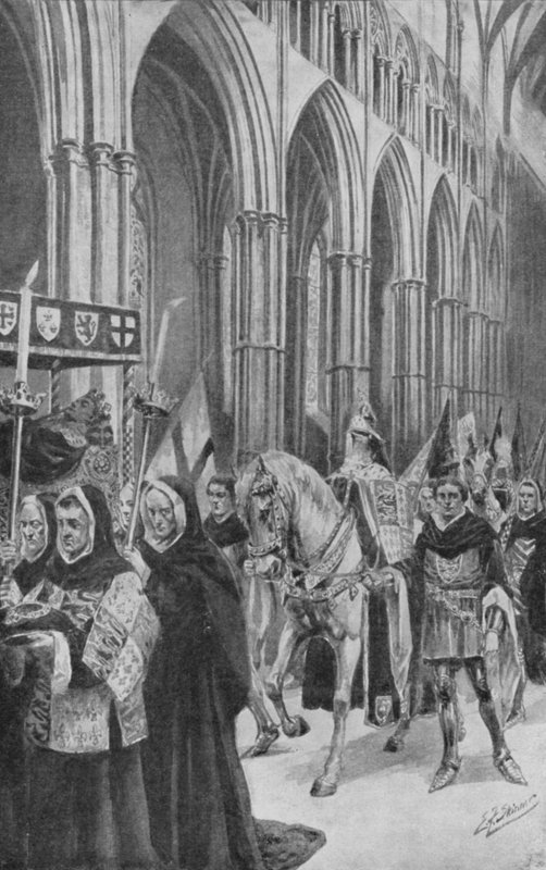 Os corcéis do rei Henrique V seguem o seu caixão pela nave (litografia) de Edward Frederick Skinner