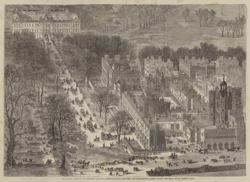 Visão panorâmica dos palácios de Buckingham e St. Jamess, mostrando a procissão passando adiante de Edward Hull