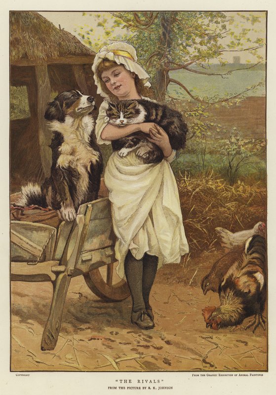 Uma menina segurando um gato nos braços ao lado de um cão (cor litho) de Edward Killingworth Johnson
