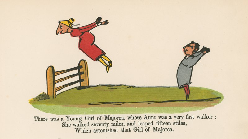 Havia uma jovem de Maiorca, cuja tia era uma pessoa muito veloz, de "Um livro sem sentido", publicada por Frederick Warne and Co., Londres, c.1875 de Edward Lear