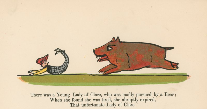 Havia uma jovem dama de Clare, que foi loucamente perseguida por um urso de &39;A Book of Nonsense&39;, publicado por Frederick Warne and Co., Londres, c.1875 de Edward Lear