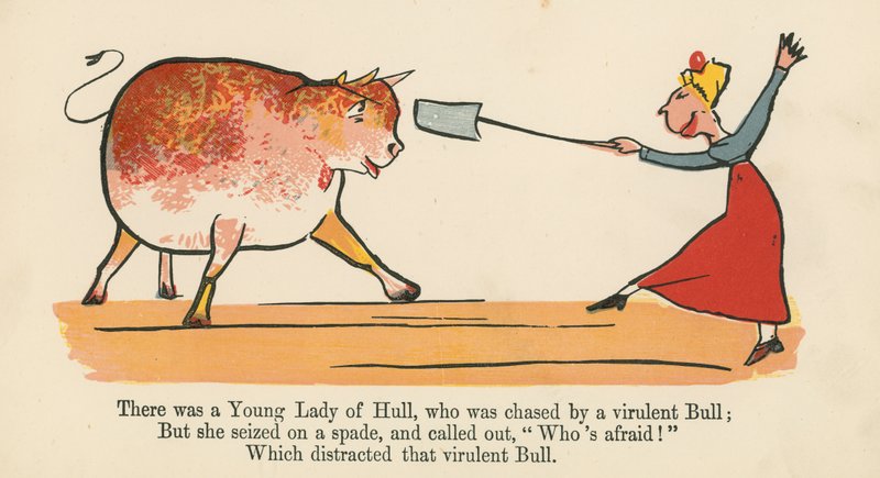 Havia uma jovem dama de Hull, que foi perseguida por um touro virulento, de &39;A Book of Nonsense&39;, publicado por Frederick Warne and Co., Londres, c.1875 de Edward Lear