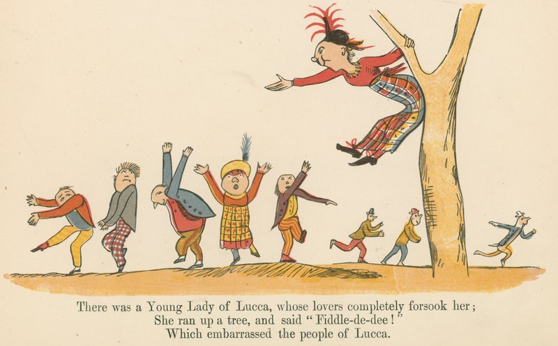 Havia uma jovem dama de Lucca, cujos amantes a abandonaram completamente, de &39;A Book of Nonsense&39;, publicado por Frederick Warne and Co., Londres, c.1875 de Edward Lear