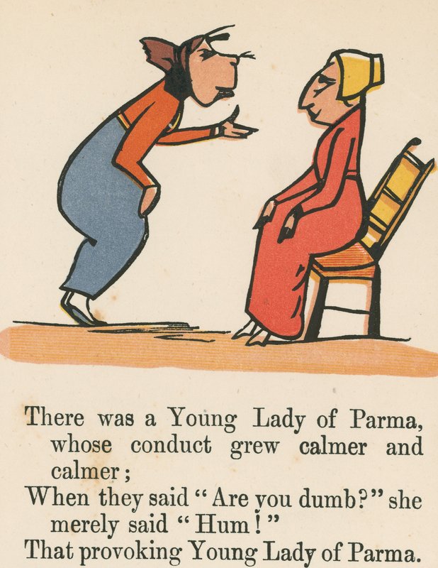 Havia uma jovem dama de Parma, cuja conduta se tornava mais calma e mais calma, de "Um livro sem sentido", publicado por Frederick Warne and Co., Londres, c.1875 de Edward Lear