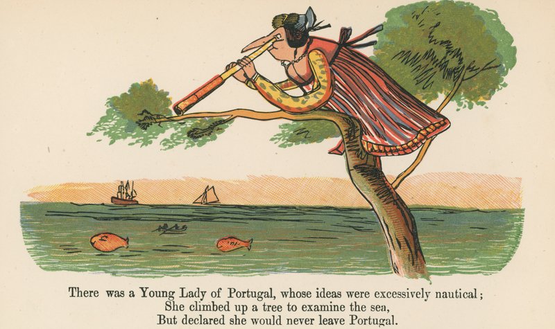 Havia uma jovem senhora de Portugal, cujas idéias eram excessivamente náuticas, de "Um livro de bobagens", publicado por Frederick Warne and Co., Londres, c.1875 de Edward Lear