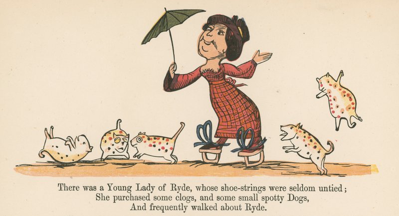 Havia uma jovem senhora de Ryde, cujas cordas de sapato raramente eram desatadas, de "Um livro de bobagens", publicado por Frederick Warne and Co., Londres, c.1875. de Edward Lear
