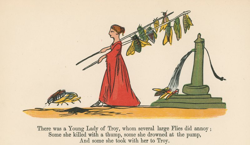 Havia uma jovem dama de Tróia, a quem várias moscas grandes aborreceram, de "Um livro sem sentido", publicado por Frederick Warne and Co., Londres, c.1875 de Edward Lear