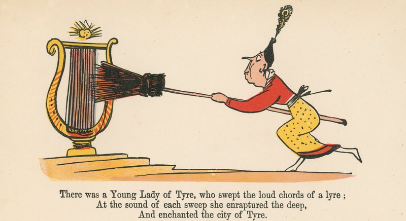 Houve uma jovem dama de Tiro, que varreu os acordes altos de uma lira, de "Um livro de tolices", publicado por Frederick Warne and Co., Londres, c.1875 de Edward Lear